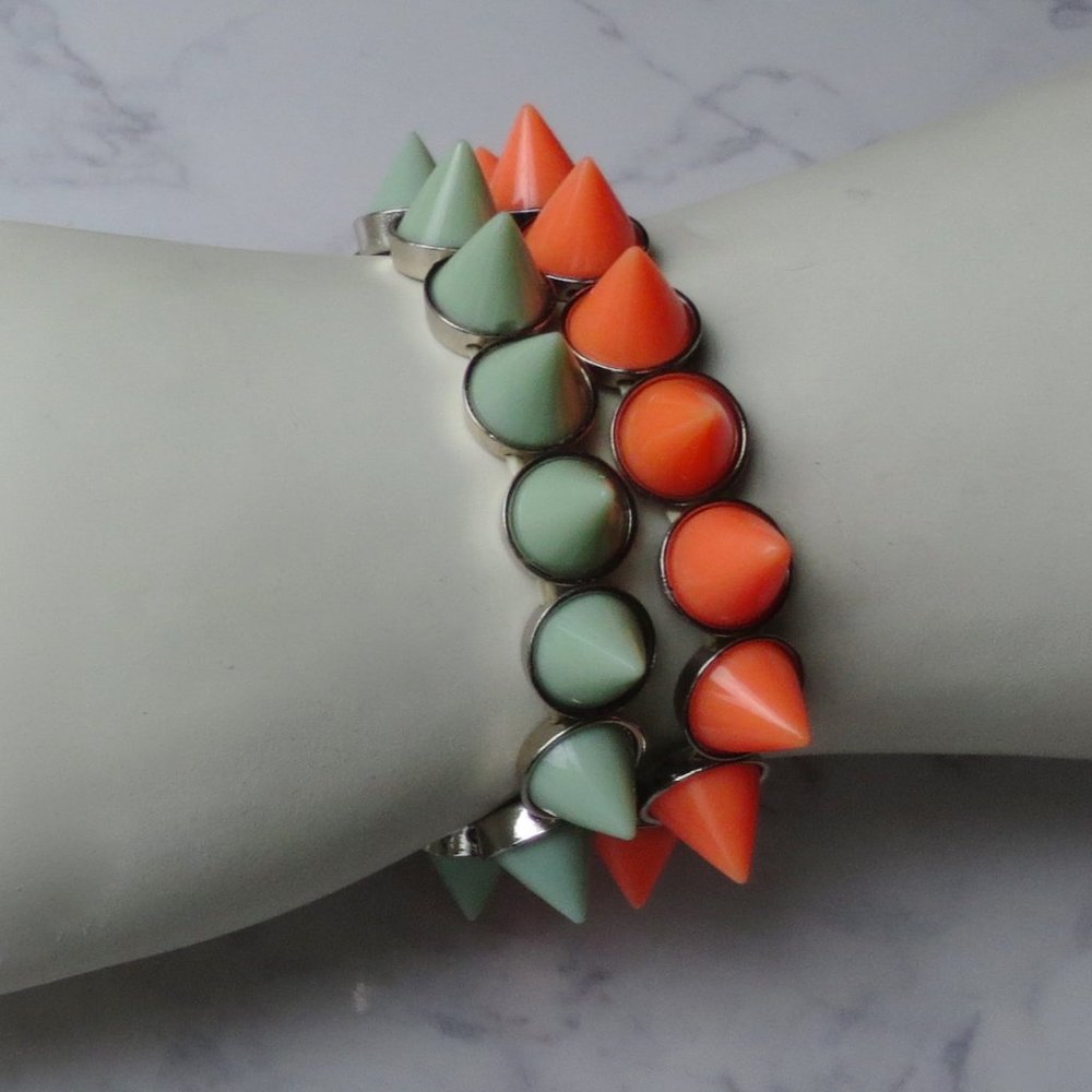 Peach Orange and Aqua Blue Silver Tone Stretch Bracelets